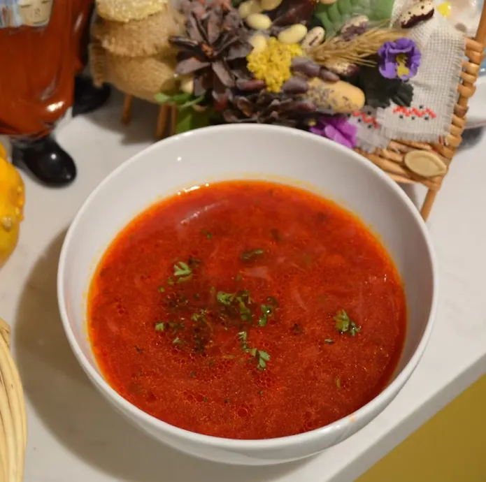 Ukrainian Borsch - hearty beet soup with pampushka at MLYN, Winnipeg